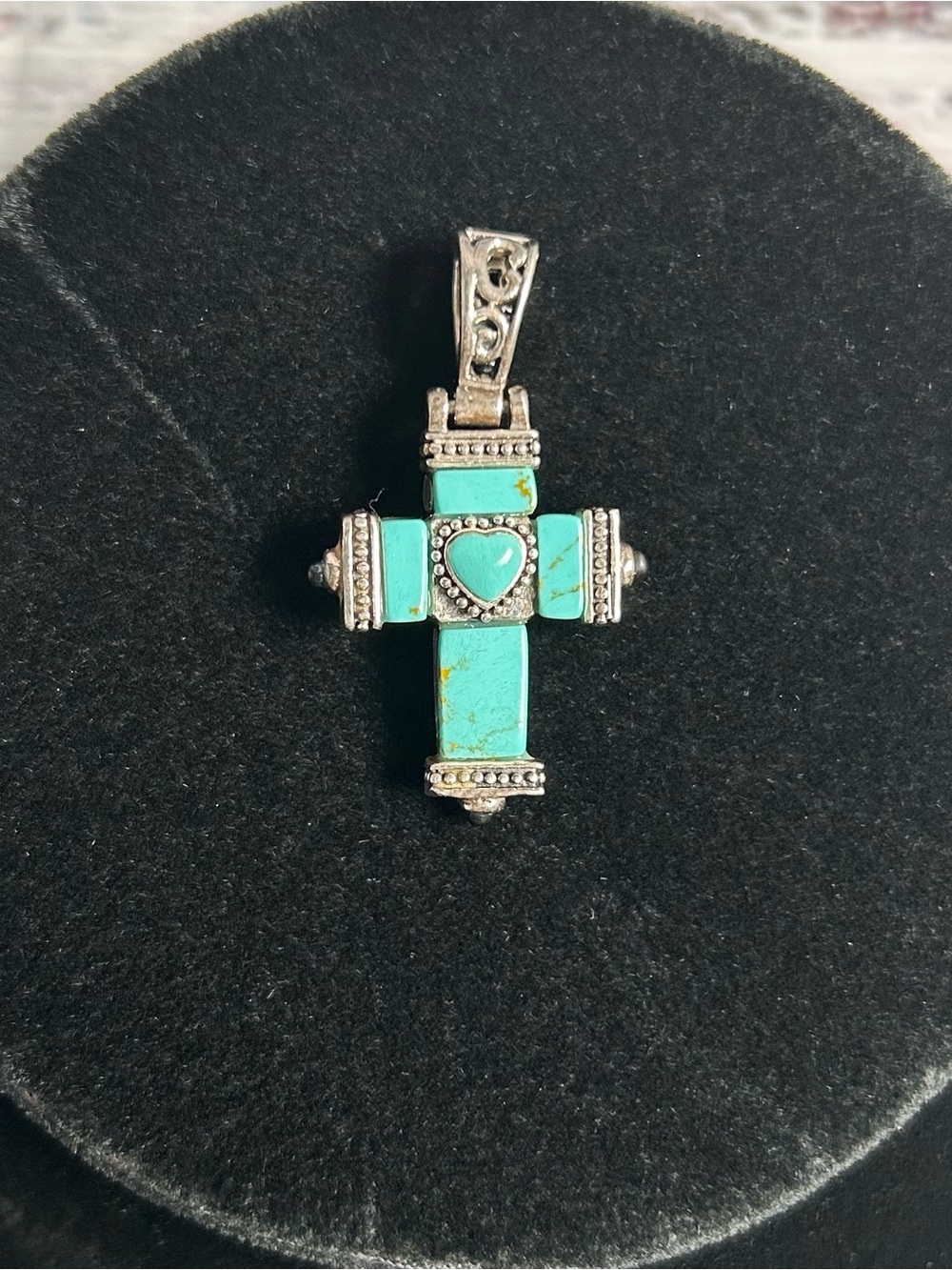 Vintage Sterling Silver Double Sided Onyx Turquoise Heart Cross Pendant
